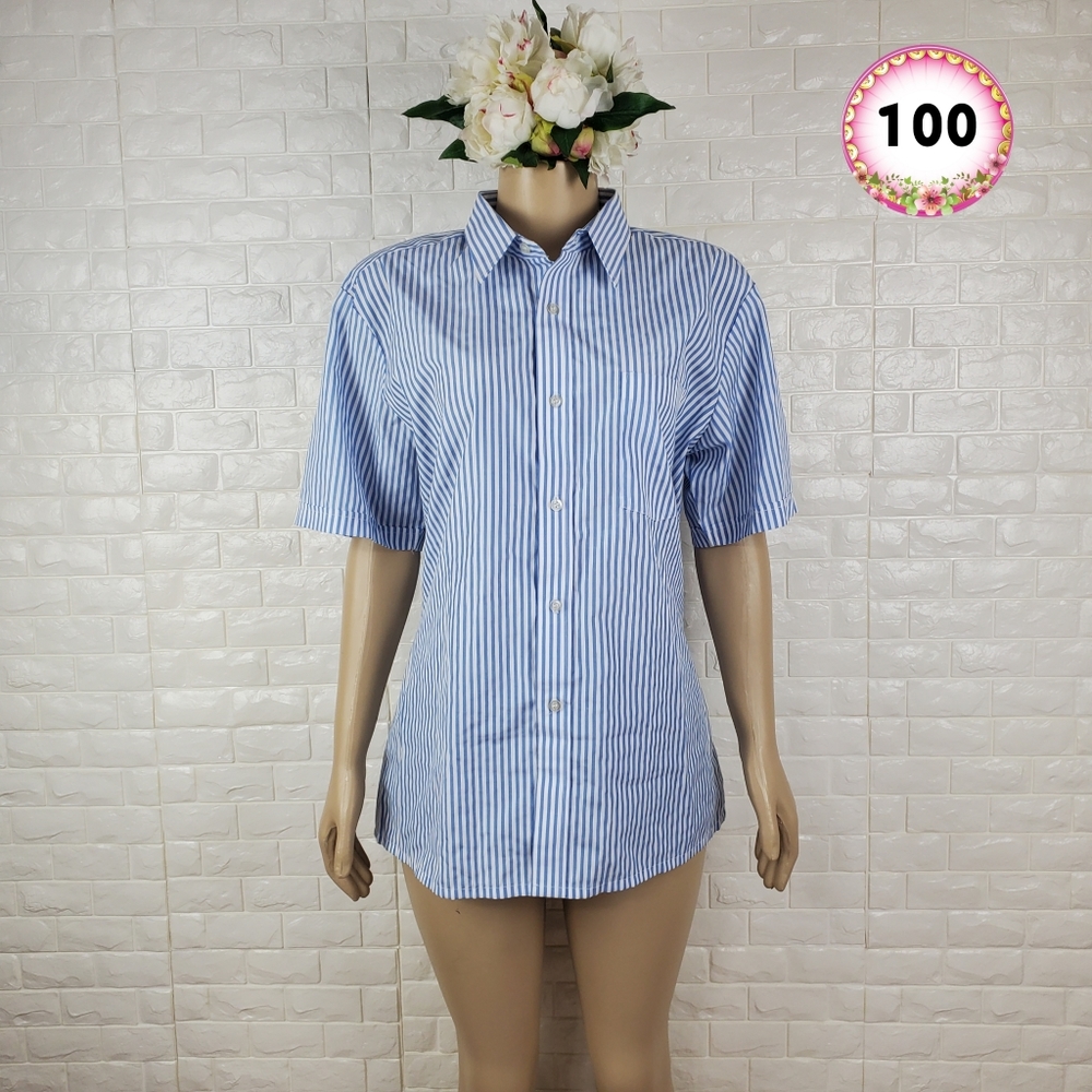 Good Blue Stripe Medium Short Sleeve Button Shirt | Casual Collared Women’s Top